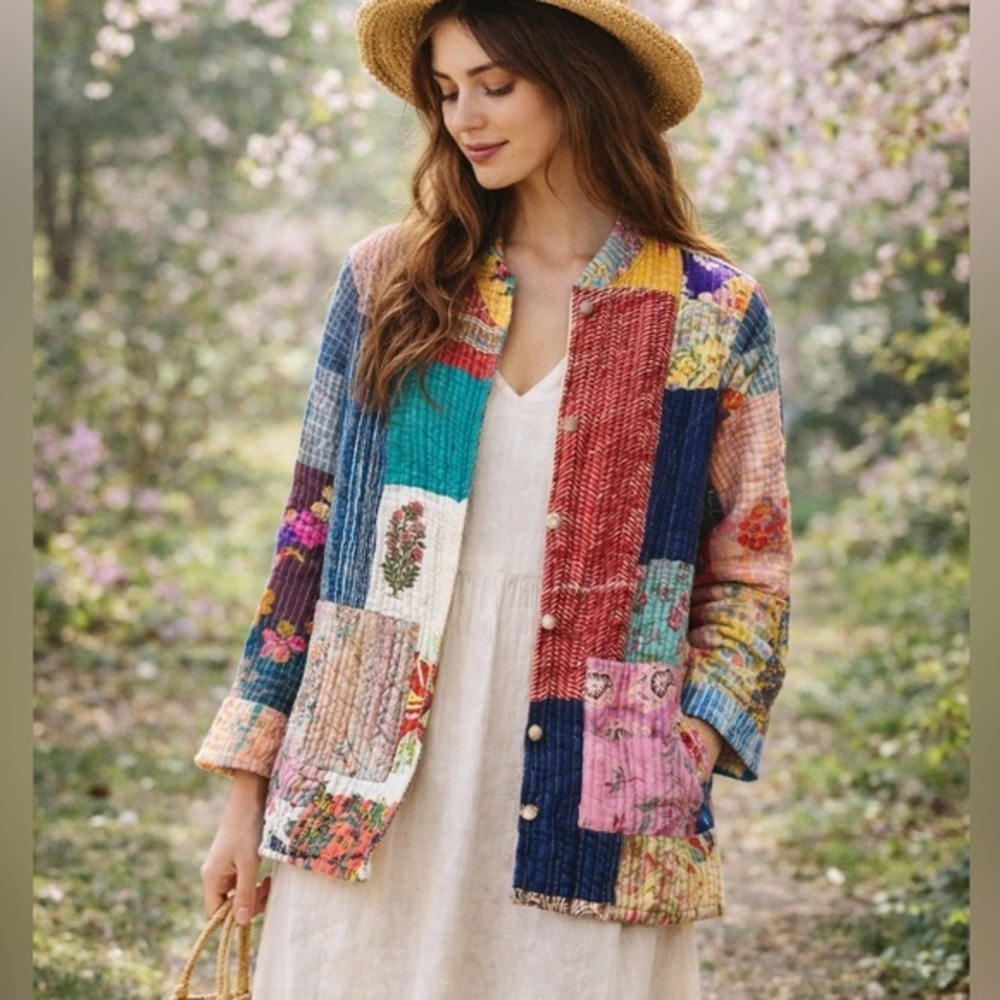 New Reversible Kantha  Patchwork Cotton Jacket Boho Artisan Quilt Coat M